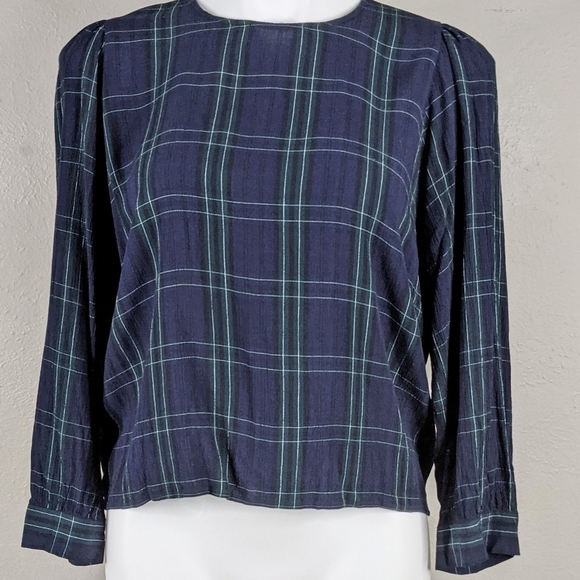 Zara Tartan Plaid Blue Green Balloon Sleeve Keyhole Back Top Academia - Picture 2 of 9